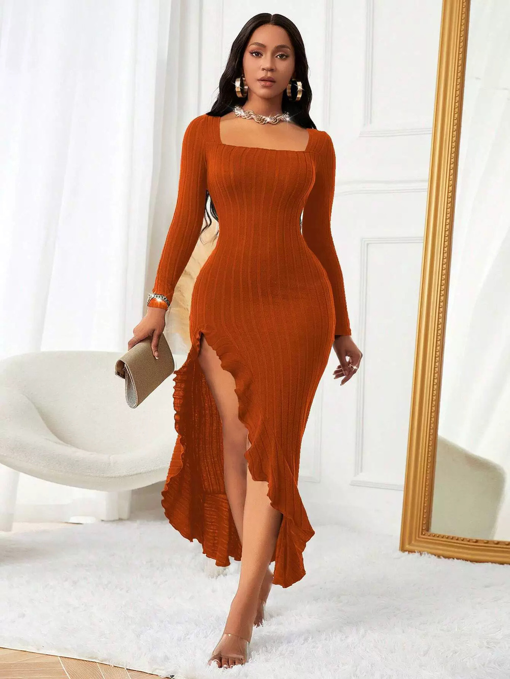 ZARA Elegant Square Neck Midi Dress Pure Sexy Spring Summer